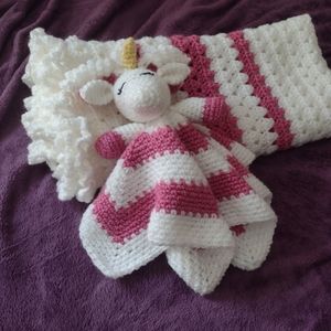 Handmade baby blanket, unicorn lovey and teether